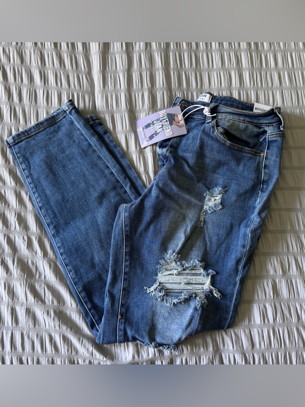 Wax Jean Boyfriend Jeans in Medium Blue with Distressed Rips